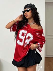 Coolane Women's Spring/Summer Festival Going Out Streetwear Vintage Breathable Mesh Number Pattern Graphics Baseball Jersey Red  Jersey T-Shirt