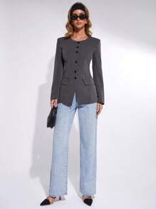COSMINA Button Front Flap Detail Coat In Fall/Winter - Dark Grey - View 4