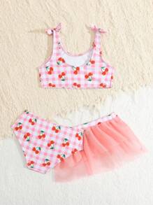 Conjunto de traje de baño de 3 piezas con falda minifalda, estampado a cuadros y cereza para niña joven de vacaciones
