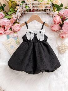Baby Girls' Minimalist Solid Black Bow Strap Lantern Dress, Elegant For Party Wear In Summer - Black - View 2