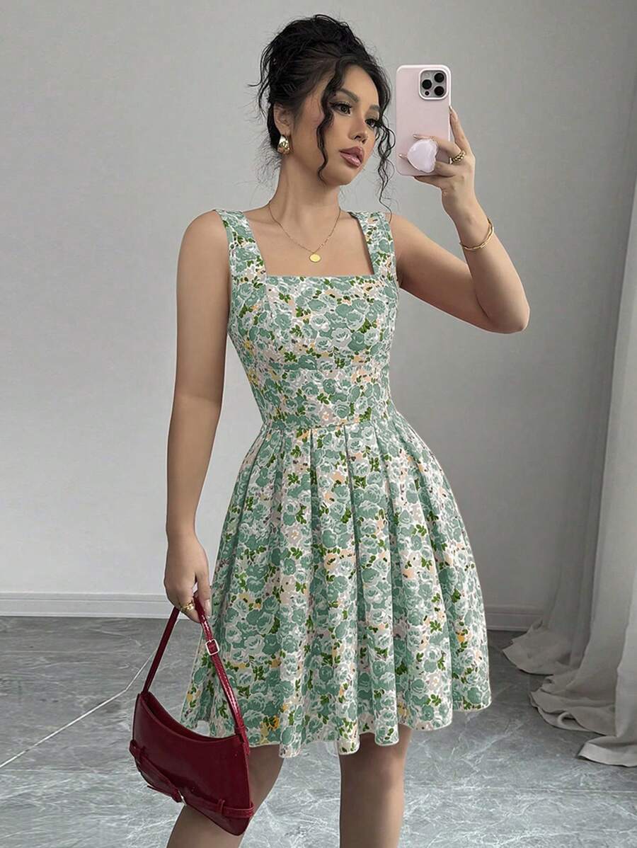 Elenzga Women's Romantic Resort Square Neck A-Line Ruffle Trim Rose Floral Pattern Slip Dress, Suitable For Valentine's Day - Green - View 1