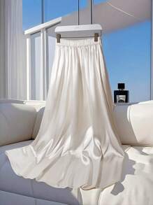 Franclia 女士缎面 A 字褶皱松紧腰裙，夏季裙子 - 白色 - 查看 2