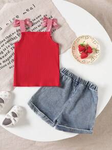 SHEIN Playful Pals Conjunto de 2 piezas para niña bebé, con top halter con estampado de cerezas y pantalones cortos de jean, adecuado para primavera y verano