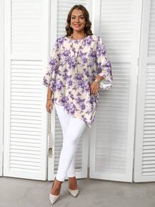 EMERY ROSE Plus Size Spring & Autumn Casual Simple Blue & White Porcelain Ditsy Floral Printed Shirt Autumn And Winter - Multicolor - View 5