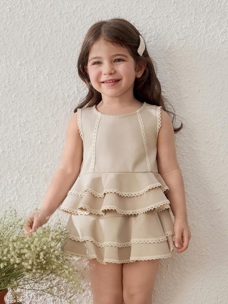 Blossori Baby Mädchen elegantes Set aus Khaki Rüschen-Dekor Top und Shorts, Frühling/Sommer - Khaki - Übersicht 1