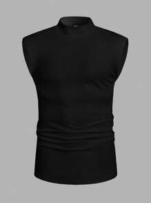 Manfinity Homme Men's Plain Collared Pleated Slim Fit Casual Top Men's Muscle Shirts Black Sleeveless Shirt Men