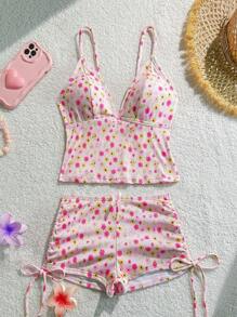 Swim Mod Set de 2 piezas Tankini con estampado floral diminuto y decoración de lazo, Tankini de tirantes finos sin espalda para niña, para playa, resort, fiesta en la piscina durante el verano