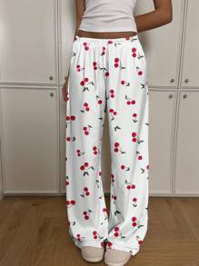 CovetEZ Women's Casual Minimalist Low Waist Straight Leg Pants, Cherry Print, Suitable For Summer, Loungewear Suitable For Going Out Fall Clothes Winter Clothes