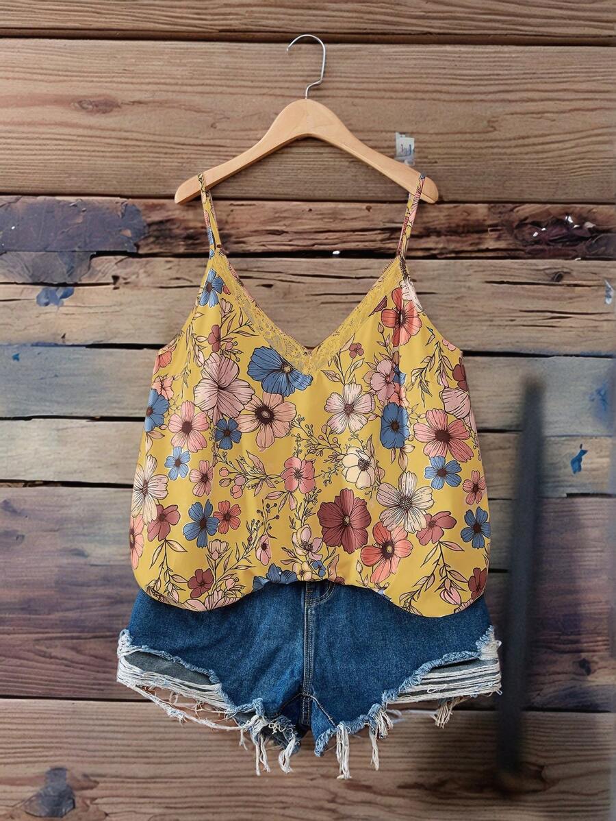 SHEIN VCAY Áo ba lỗ đen họa tiết hoa thêu ren cổ chữ V cỡ lớn, thời trang dự tiệc sang trọng cho ngày nghỉ - Màu vàng - Xem 1