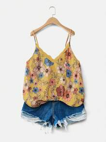 SHEIN VCAY Áo ba lỗ đen họa tiết hoa thêu ren cổ chữ V cỡ lớn, thời trang dự tiệc sang trọng cho ngày nghỉ - Màu vàng - Xem 3