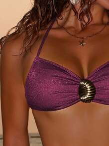Swim SXY Women's Solid Shiny Metallic Shell Detail Halter Neck Sexy 2 Pieces Bikini Swimwear, Summer Beach Outfits - Violet Purple - View 3