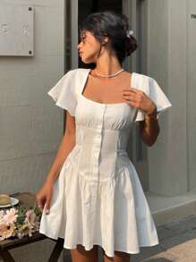 MainGRL Women White Woven Square Collar Front Button Elegant Short Sleeve Mini Dress