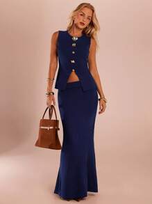 SHEIN Forever 21 Summer New Arrival Sleeveless Round Neck Commuter Navy Blue Women Knit Top - Navy Blue - View 7