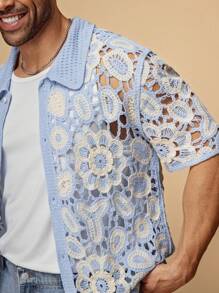 EASEVO Plus Size Men's Blue Loose Openwork Floral Knit Polo Shirt, Short Sleeve, For Fall Winter