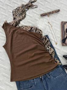 INAWLY Women's Leopard Print Ruffle One Shoulder Top - White - View 2