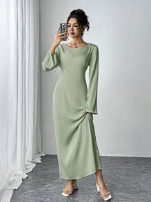 Siren Gaze 纯色缎面收腰长裙时尚简约圆领缎面喇叭袖系带修身晚礼服性感连衣裙女士长裙杏色优雅节日连衣裙感恩节连衣裙节日派对女装跨年晚礼服 - 薄荷綠 - 查看 5