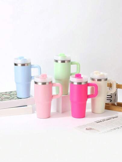 1pc 14oz Tumbler With Handle And Staw,Stainless Steel Double Wall Insulated Cup, , For Tumbler Heat Press Sublimation Oven Printing, Holiday Gift, Outdoor Sports, Travel Camping