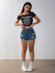 SHEIN Essnce Casual Washed Ripped Fray Hem Denim Shorts - Dark Wash - View 5