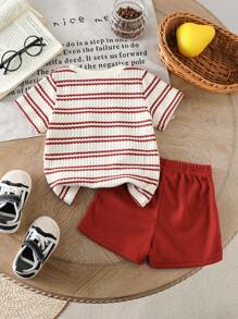 SHEIN Vintaside Kids 2pcs Toddler Baby Boys Fashion Knit Black & White Striped Waffle Textured Pocket Crew Neck Short Sleeve T-Shirt And Black Elastic Waist Letter Patch Shorts Set, Summer - Burgundy - View 3