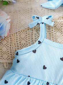 SHEIN Vintaside Kids Baby Girl Casual Heart Print Bowknot Decor Bodysuit, Summer - Blue - View 4