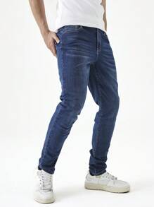 Chillumni Men's Solid Color Skinny Casual Jeggings With Pockets, Streetwear - Medium Wash - View 6