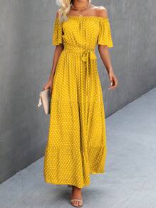 SHEIN Clasi Polka Dot Print Off Shoulder Ruffle Hem Tie-Front Short Sleeve Dress - Multicolor - View 1