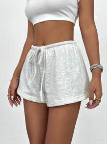 SHEIN PETITE Summer Casual Solid Color Drawstring Waist Shorts - Light Grey - View 3