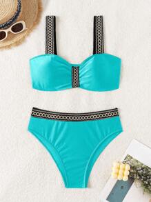 Swim Lushoire Vacation Beach Two Pieces Swimwear Set With Contrast Color Trim For Summer - Mint Green - View 4
