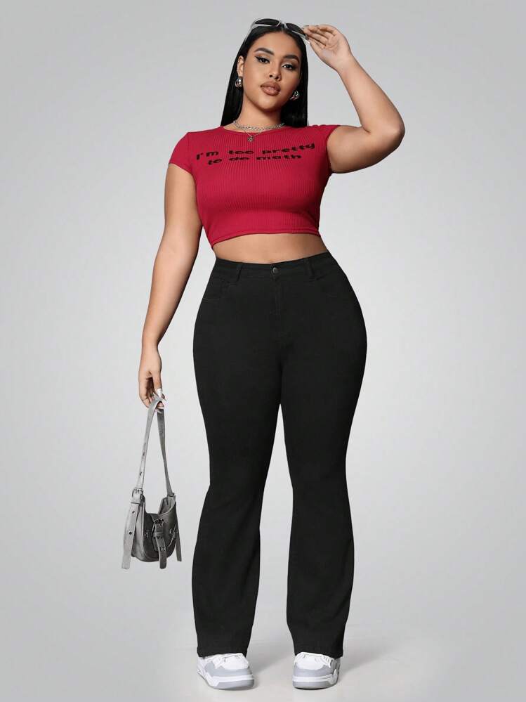 SHEIN Essnce Plus Size Plain Color Jeans, Fashion Suitable For Summer - Black - View 7