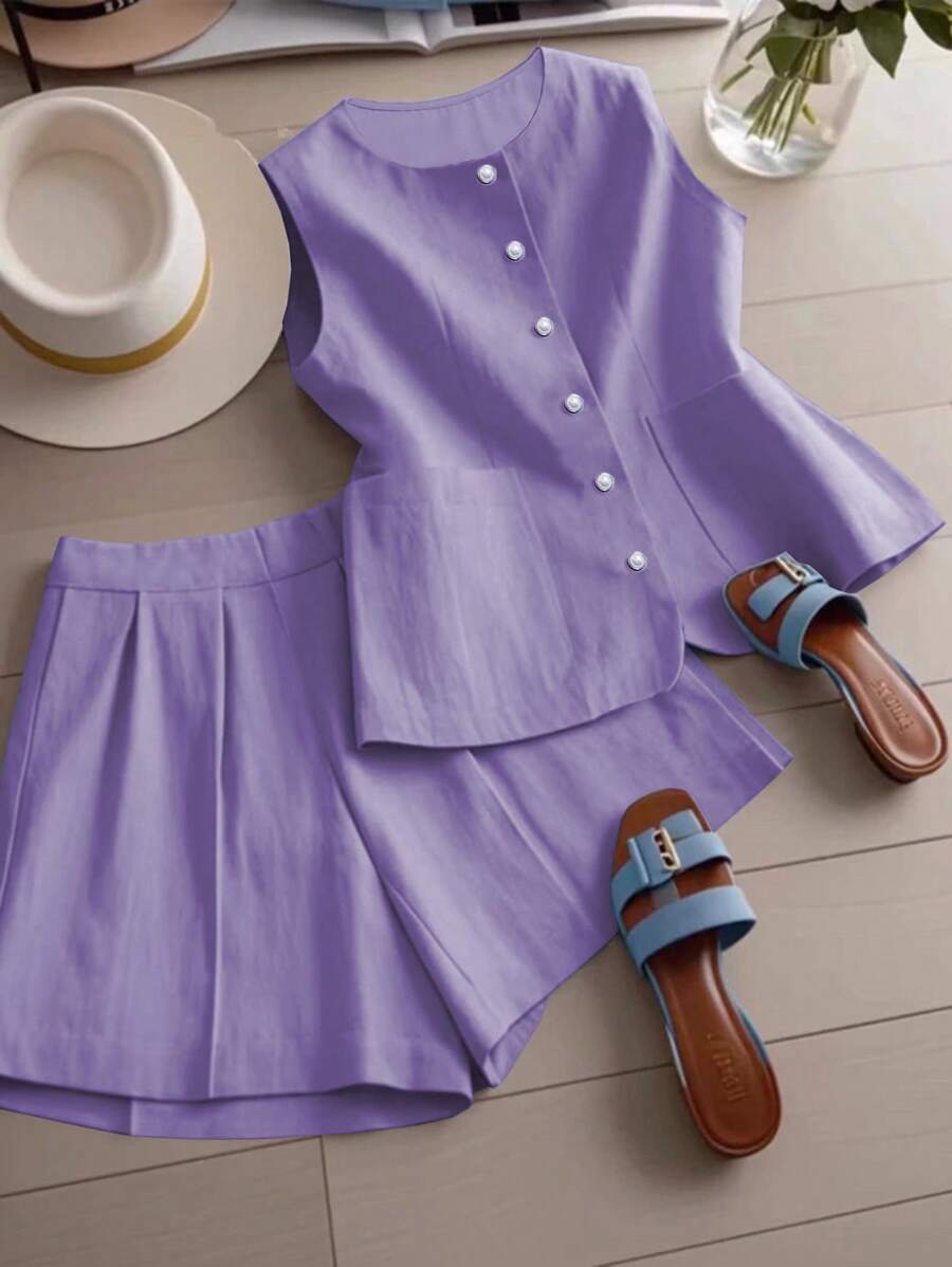 Franclia 2pcs/Set Women Casual Solid Color Linen Texture Fitted Vest & Wide Leg Shorts Set, Spring/Summer - Purple - View 1