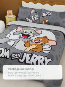 TOM & JERRY X SHEIN Juego de ropa de cama con estampado de dibujos animados y letras