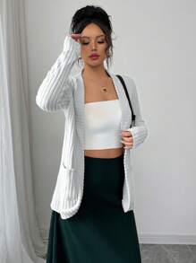 Elenzga Women's Casual Ribbed Brushed Open Front Jacket With Side Pockets Shorts - White - View 6