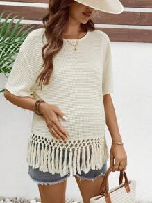 SHEIN Camiseta casual de embarazo holgada con dobladillo con flecos y cuello redondo de un solo color
