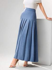 Heiryn 女士纯色单排扣百褶休闲通勤裙 - 藍色 - 查看 4