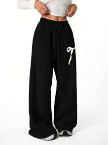 SHEIN Tween Girls Bow Graphic Loose Straight Leg Sweatpants, Suitable For Casual And Commuting Wear - Black - View 7