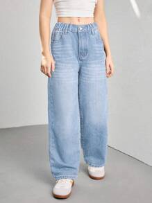 Tween Girl 复古宽松阔腿牛仔裤，休闲直筒牛仔裤 - 淺色水洗藍 - 查看 5