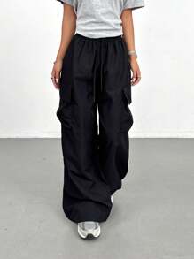 SHEIN PETITE Women's Black Woven Cargo Pants: Casual Long Length With Pockets, Wide Leg, And Drawstring Waist For Everyday Comfort And Style