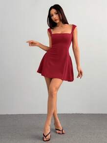 SHEIN PETITE Women's Date Party Solid Color Red Mini A-Plump Square Neck Sexy And Elegant Waist Bud Dress,Summer Dresses For Women