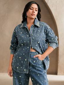 Anewsta Blusa de cárdigan largo decorada con cuentas y cristales, de estilo elegante, casual y de vacaciones para mujer, tallas grandes, para primavera/verano - Azul - Ver 3