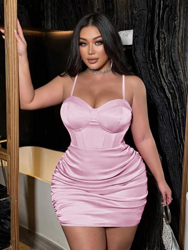 Allurite Plus Size Women Solid Color Pleated Open Back Bodycon Camisole Dress, Suitable For Music Festival, Show, Party, Formal Event