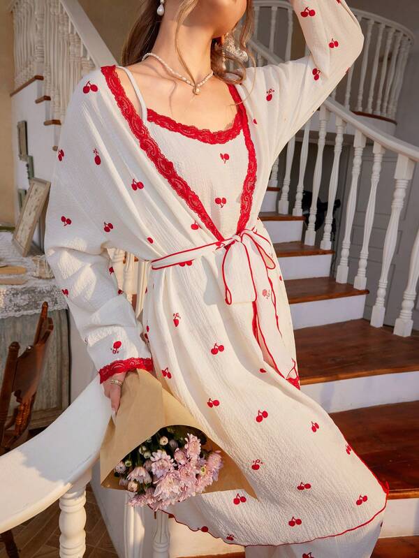 CottageSlumber 3pcs Women's Cherry Print Lace Trim Robe Set Holiday Season