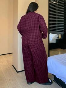 Dazy Plus Plus Size Plaid Loose Pajamas Set, Shirt & Pants, All Season Home Wear, Cozy Outfits, Fall Winter Clothes - Coral Pink - View 2