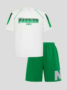 SHEIN Teenager Jungen Outfit mit Buchstaben Muster Kurzarm T-Shirt und Shorts - Weiss - Übersicht 5