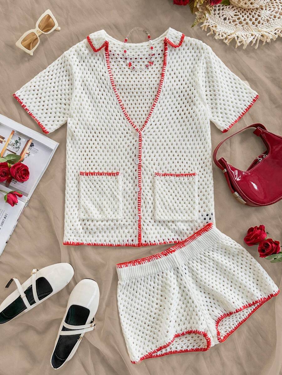 SHEIN Unity 2 Pieces Hollow Out Casual Pullover Sweater Set - Multicolor - View 1