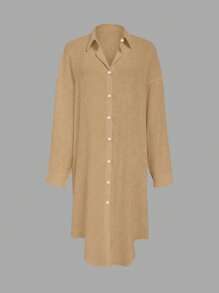 SHEIN LUNE Plissierte lange Knopfleisten-Bluse mit Schulterausschnitt für Damen