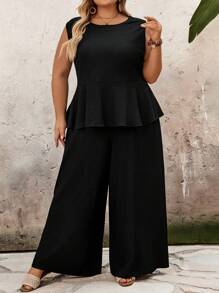 SHEIN CURVE+ CURVE Plus Size Solid Color Vacation Casual Tank Top And Long Pants Two Pieces Set, Curve Plus, Boho Vacation Beach Outfits For Woman/Beach /Beach Vacation Outfits/Beach Essentials / Graduation/Tea Party  - Black - View 5