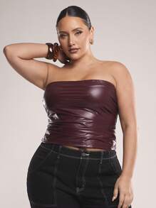 SHEIN BAE Plus Size Women's Autumn/Winter Fashion Hot Girl/Sweet Girl Ruched Elastic Solid Angola Red PU Leather Women Sleeveless Top