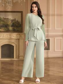 Al Najma Ensemble 2 pièces femme, Top ample en chiffon à manches et pantalon long, style arabe