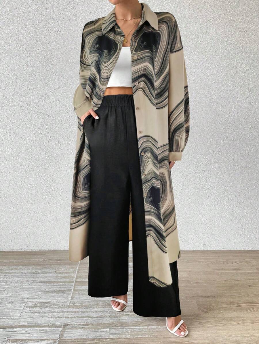 SHEIN Clasi Bộ quần áo dài tay thường ngày cho nữ (Áo in họa tiết, quần trơn màu), Mùa thu - Màu Khaki - Xem 1