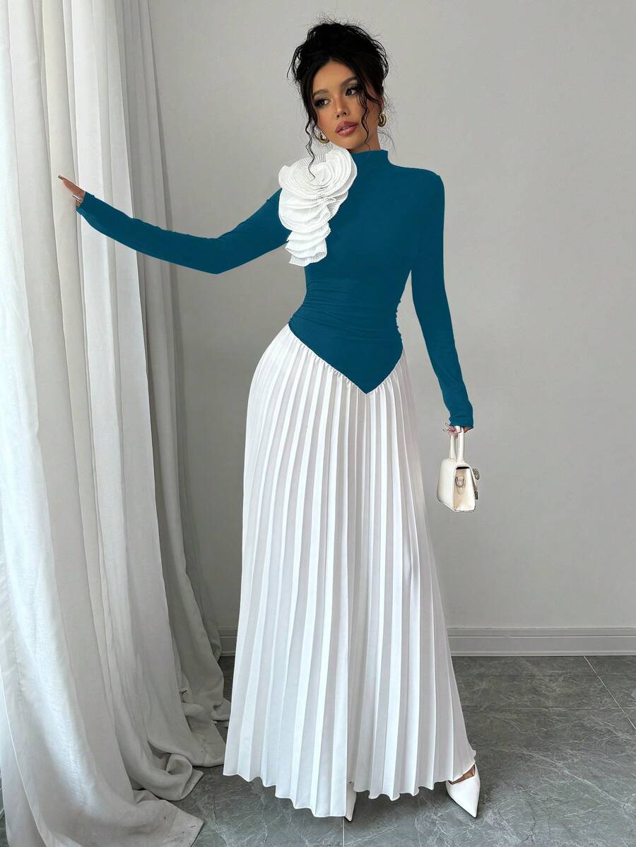 Elenzga Women Asymmetrical Pleated Contrast Color 3D Floral Print Dress - Teal Blue - View 1